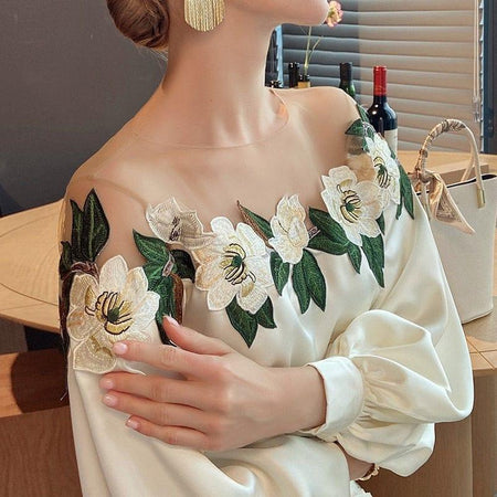 Azalea Floral Statement Top In Off-White - close-up of floral embroidery, off-white - Miss Mosa By Akanksha