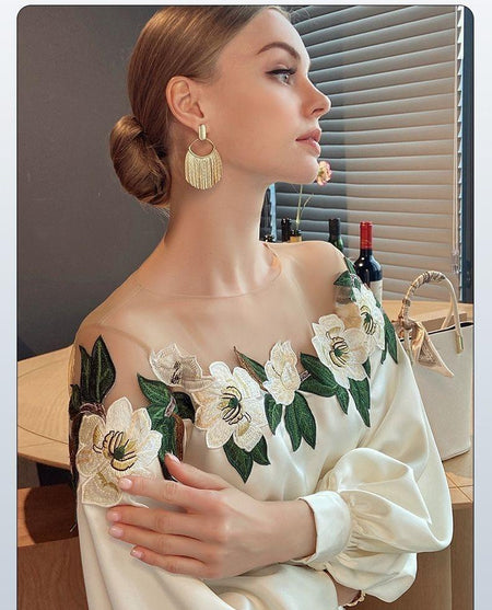 Azalea Floral Statement Top In Off-White - side shot on model, off-white - Miss Mosa By Akanksha