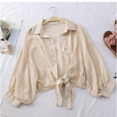 Barbera Chiffon Shirts - front shot on hanger, beige - Miss Mosa By Akanksha