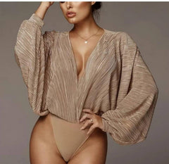 Barbero Ruched Bodysuits - front shot on model, beige - Miss Mosa By Akanksha
