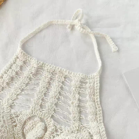 Beach Vibes Crop - close-up of crochet halter neck, white - Miss Mosa By Akanksha