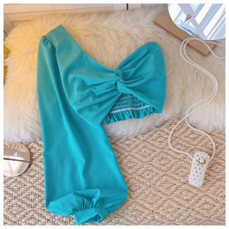 Benette One Shoulder Top - styled flat-lay shot, teal - Miss Mosa By Akanksha