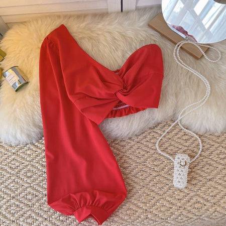 Benette One Shoulder Top - styled flat-lay shot, red - Miss Mosa By Akanksha