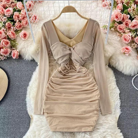 Beth Bodycon Dress - front shot on hanger, beige - Miss Mosa By Akanksha