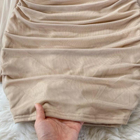 Beth Bodycon Dress - close-up of ruched skirt, beige - Miss Mosa By Akanksha
