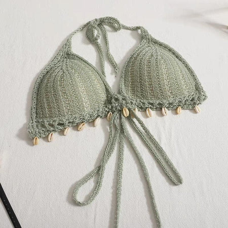 Bianca Coord Set - close-up of crochet bralette, green - Miss Mosa By Akanksha