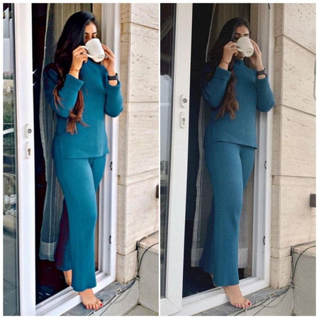 Bico Luxury Tracksets - full-length shot on model, teal - Miss Mosa By Akanksha