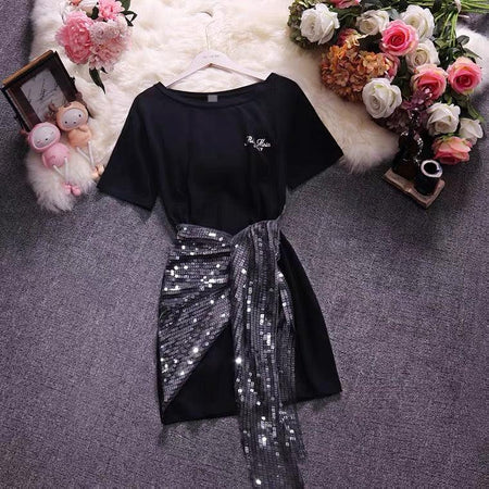 Bisco Sequined Knot Dress In Black - front shot on hanger, black - Miss Mosa By Akanksha