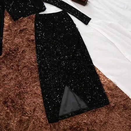 Blaiquey Turtle Neck Coordinates In Black - close-up of skirt slit detail, black - Miss Mosa By Akanksha
