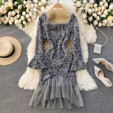 Blair Sequined Party Dress - front shot on hanger, silver - Miss Mosa By Akanksha