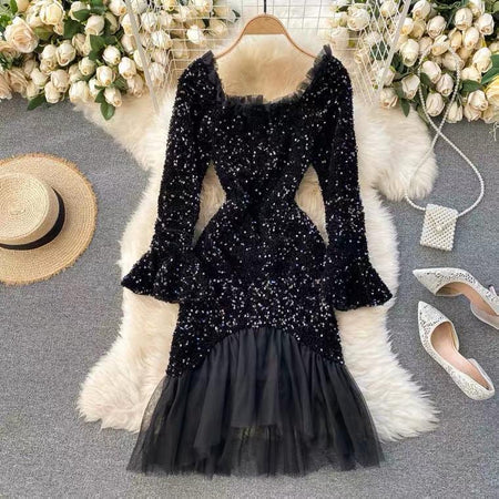Blair Sequined Party Dress - front shot on hanger, black - Miss Mosa By Akanksha