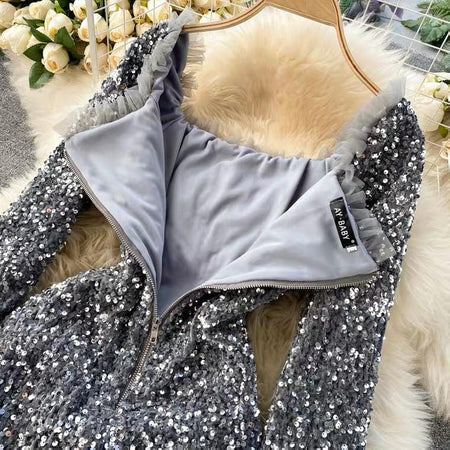 Blair Sequined Party Dress - close-up of neckline and zip, silver - Miss Mosa By Akanksha