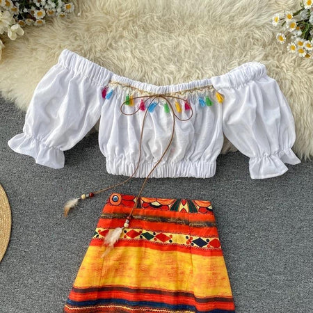 Bohemian Tasseled Coords in Multicolour - close-up of top and waistband, multicolour - Miss Mosa By Akanksha