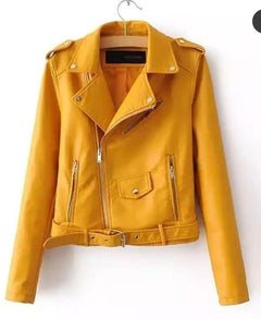 Bosch Leather Jackets - front shot on hanger, mustard - Miss Mosa By Akanksha