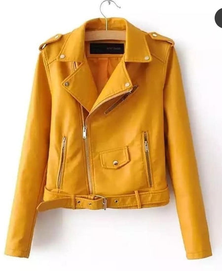 Bosch Leather Jackets - front shot on hanger, mustard - Miss Mosa By Akanksha