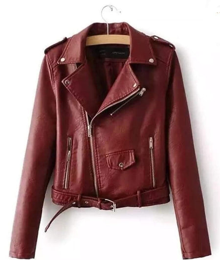 Bosch Leather Jackets - front shot on hanger, wine - Miss Mosa By Akanksha