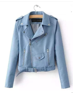 Bosch Leather Jackets - front shot on hanger, light blue - Miss Mosa By Akanksha