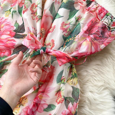 Botai Floral Maxi Dress In Pink - close-up of waist tie, pink - Miss Mosa By Akanksha