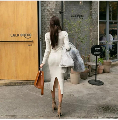 Bradshaw Luxury Knitted Dress - back shot on model, white - Miss Mosa By Akanksha