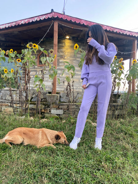 Bratey Winter Tracksets - lifestyle shot on model, lilac - Miss Mosa By Akanksha