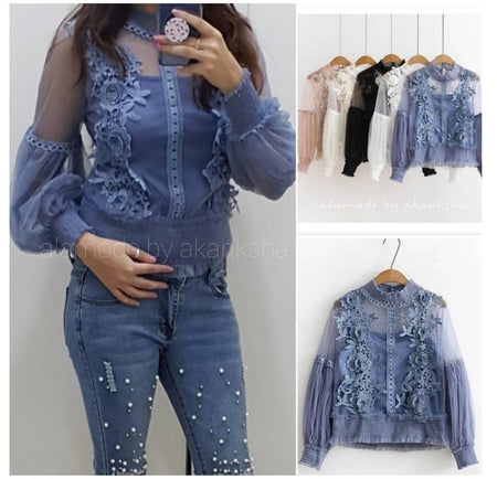 Brazmine Luxe Blouses - front shot on model and hanger, blue - Miss Mosa By Akanksha