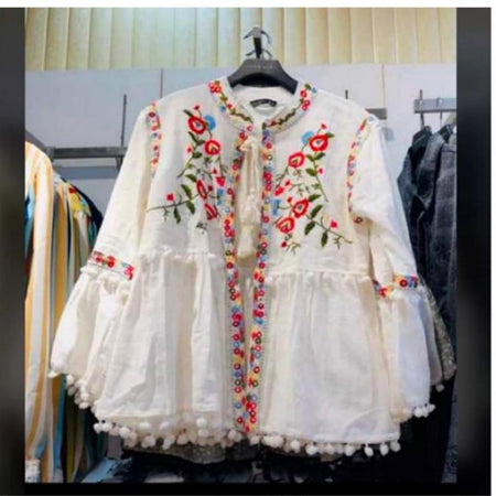 Brienne Tasseled Embroidered Blouse - front shot on hanger, white - Miss Mosa By Akanksha