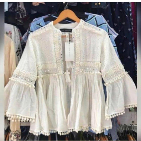 Brienne Tasseled Embroidered Blouse - front shot on hanger, white - Miss Mosa By Akanksha