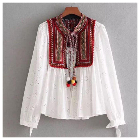 Brienne Tasseled Embroidered Blouse - front shot on hanger, white - Miss Mosa By Akanksha