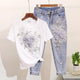 Brisket Embellished Set of Top and Denims - front shot on hanger, white and blue - Miss Mosa By Akanksha