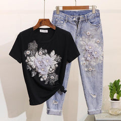 Brisket Embellished Set of Top and Denims - front shot on hanger, black and blue - Miss Mosa By Akanksha