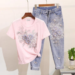 Brisket Embellished Set of Top and Denims - front shot on hanger, pink and blue - Miss Mosa By Akanksha