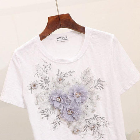 Brisket Embellished Set of Top and Denims - close-up of floral embellishment, white - Miss Mosa By Akanksha