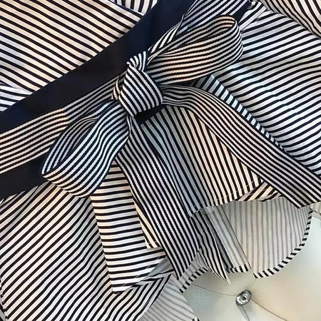 Bubble Sleeve Top With Belt - belt bow close-up, black and white stripe - Miss Mosa By Akanksha