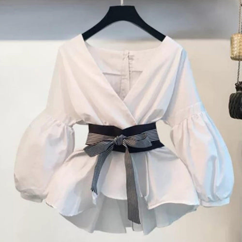 Bubble Sleeve Top With Belt