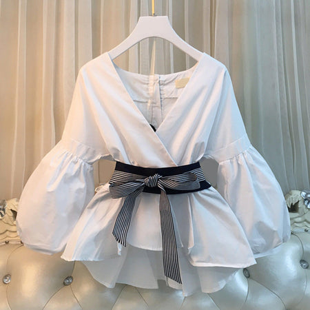 Bubble Sleeve Top With Belt - front shot on hanger, white with black striped belt - Miss Mosa By Akanksha