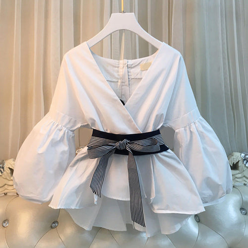 Bubble Sleeve Top With Belt