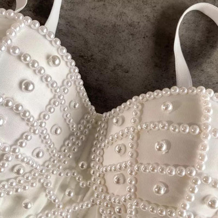 Cadel Pearl Bustier - close-up of pearl detail, cream - Miss Mosa By Akanksha