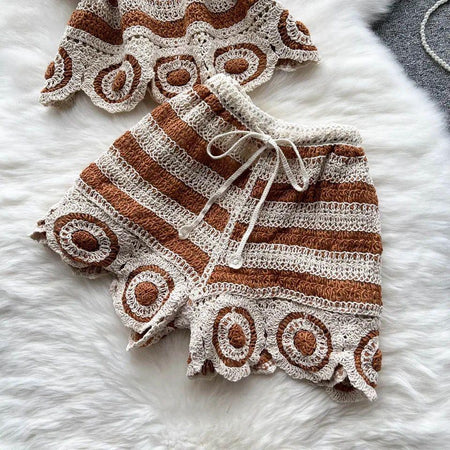 Calliope Coord Set - close-up of crochet shorts, brown - Miss Mosa By Akanksha
