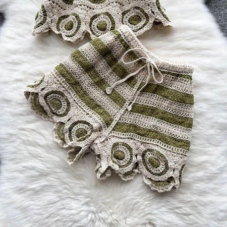 Calliope Coord Set - close-up of crochet shorts, green - Miss Mosa By Akanksha