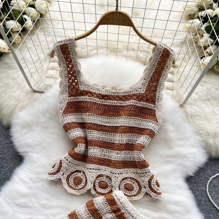 Calliope Coord Set - close-up of crochet top, brown - Miss Mosa By Akanksha