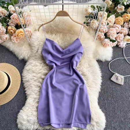 Camilo Satin Dress - front shot on hanger, purple - Miss Mosa By Akanksha