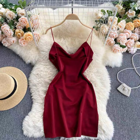 Camilo Satin Dress - front shot on hanger, red - Miss Mosa By Akanksha