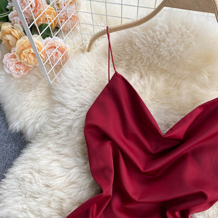 Camilo Satin Dress - close-up of neckline, red - Miss Mosa By Akanksha