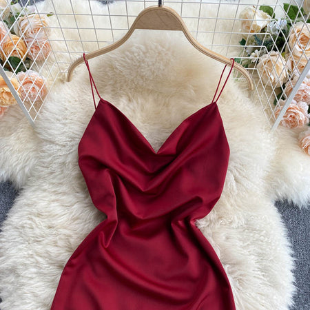 Camilo Satin Dress - front shot on hanger, red - Miss Mosa By Akanksha