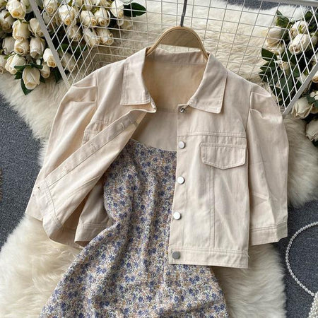 Carol Set of Dress and Jacket - close-up of jacket, beige - Miss Mosa By Akanksha