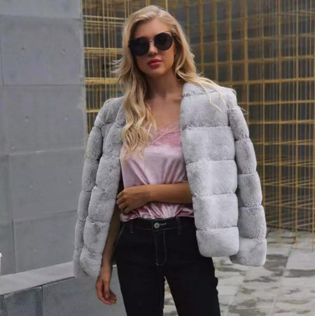 Carrie Bradshaw Luxury - Faux Fur Jackets - front shot on model, grey - Miss Mosa By Akanksha