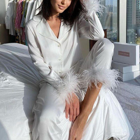 Carter Luxury Satin Nightsuit - lifestyle shot on model, white - Miss Mosa By Akanksha