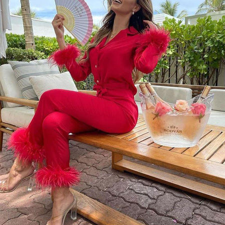 Carter Luxury Satin Nightsuit - lifestyle shot on model, red - Miss Mosa By Akanksha