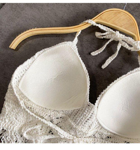 Catherine Crochet Top - close-up of cups and halter ties, white - Miss Mosa By Akanksha