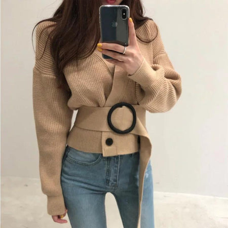 Cest La Vie Belted Sweaters - front shot on model, beige - Miss Mosa By Akanksha